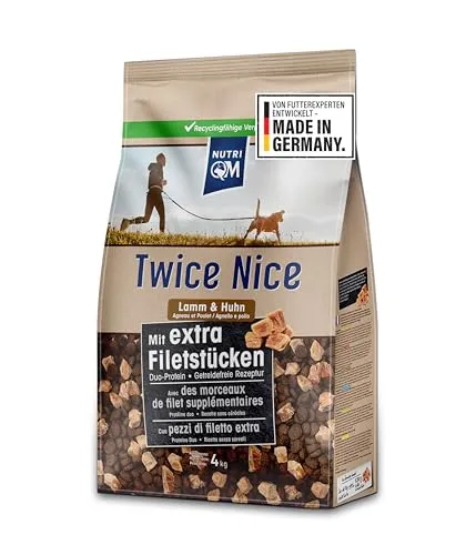 NutriQM® Twice Nice Adult Lamm & Huhn 2 x 4 kg – Getreidefreies Hundefutter für höchste Ansprüche - Leckeres Trockenfutter mit 520 g Filetfleisch pro kg für anspruchsvolle Hunde. Ideal für eine ausgewogene Ernährung, ohne Getreide und künstliche Zusätze – Made in Germany.