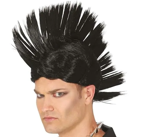 Fiestas Guirca Schwarze Perücke Irokese, Perücke Punker für Erwachsene, Perücke Punk mit Spikes. Kostüm Zubehör für Karneval, Fasching Accessoires Herren u. Damen, Fastnacht, Halloween