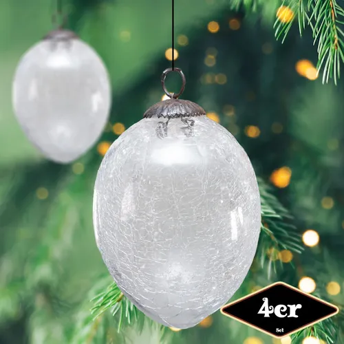 Christbaumkugelset, Oval, 4er Set|Glas, weiß, krakeliert |H16,0xB12,0cm