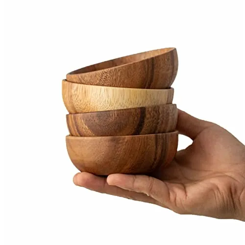 muso wood Mini Holz Dipschalen Set - massives Akazienholz Dip Schälchen - 10x3.8cm 4 Stück Holz Gewürzschälchen Sojascherl - für Beilagen, Sauce, Nüssen, Salz, Gewürze - 4 Phoebeholz Mini Löffel