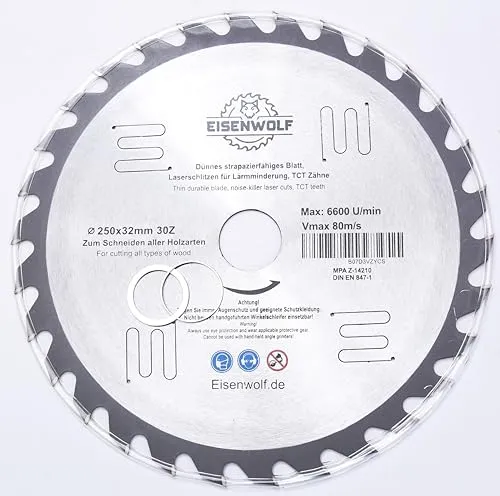 250x32 mm Sägeblatt, Kreissägeblatt für Holz mit 30 gekippten TCT-Zähnen und Laser-Cuts für Lärmminderung