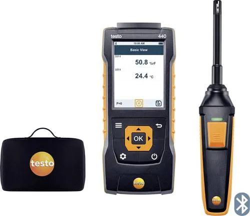 Testo 440 Set RH Luftfeuchtemessgerät - Hygrometer mit Bluetooth, ideal für präzise Messungen in verschiedenen Umgebungen. Das kompakte Set liefert exakte Volumenstromberechnungen und speichert bis zu 7.500 Messprotokolle.