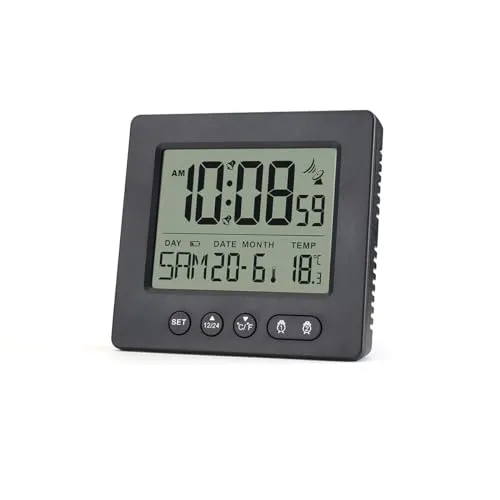 Teepacioka Digitaler Funkwecker mit 2 Weckzeiten, Automatische Zeit, Funkuhr, 5-Minuten Snooze, Temperaturanzeige, 2 x AAA-Batterie (Nicht im Lieferumfang enthalten) (Schwarz)