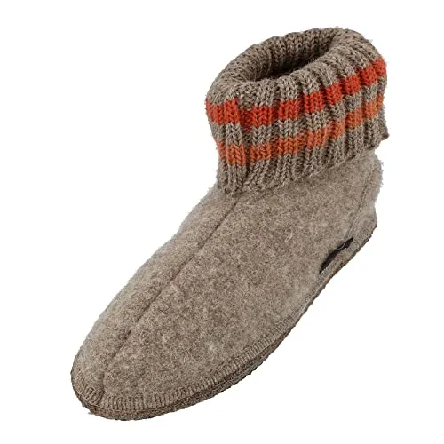 Haflinger Paul Hüttenschuhe - Kuschelige Wollfilzschuhe in Braun, EU 25 - Hausschuhe aus 100% Wolle mit gestreiften Stickbündchen, ideal für Reisen und gemütliche Abende zu Hause.