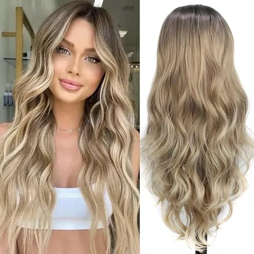 PORSMEER Perücken Lange Braun Blonde Natürliche Synthetische Haar,Locken Wavy Perücken Ombre wig Für Frauen Alltag Anime Cosplay Kostümparty Halloween Karneval