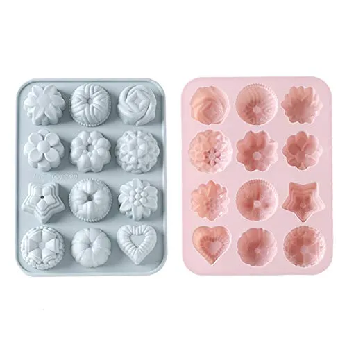 Stück Silikon-Blumen-Backform für Kuchen, Silikonform, 12-Cavity Silikon-Förmchen für Seife DIY Formen, für Kuchen Backen, Biscuit, Weihnachten, Halloween (Pink, Grau-Blau) 2