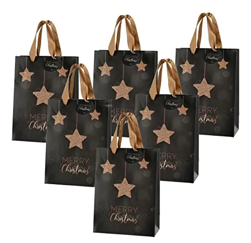 Weihnachts Geschenktüte MERRY CHRISTMAS - 6er Set - Flaschentüte mit Glitzer in bronze - Weihnachten Advent Nikolaus Papiertasche Flaschentasche Wichtel Tüte