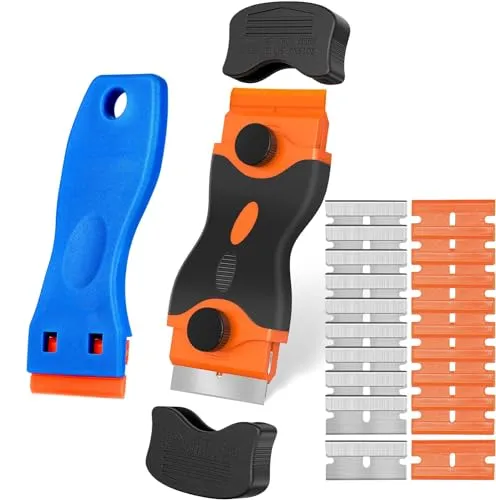 Gebildet Reinigungsschaber Werkzeugset, 1 Stück Doppelkopfschaber + 1 Stück Kunststoffschaber mit 20 Stück Klingen-Ceranfeldschaber/Autofolienschaber/Glasschaber/Kochfeldschaber