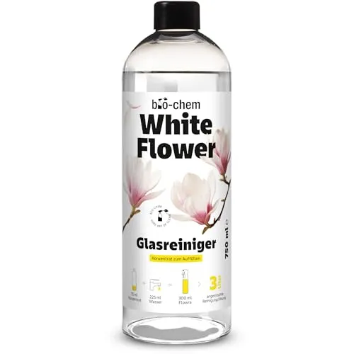 bio-chem White Flower Glasreiniger Konzentrat | Küchenfronten Reiniger für streifenfreien Glanz | für Glas Spiegel Fenster | 750 ml Konzentrat für bis zu 3 Liter Reinigungslösung