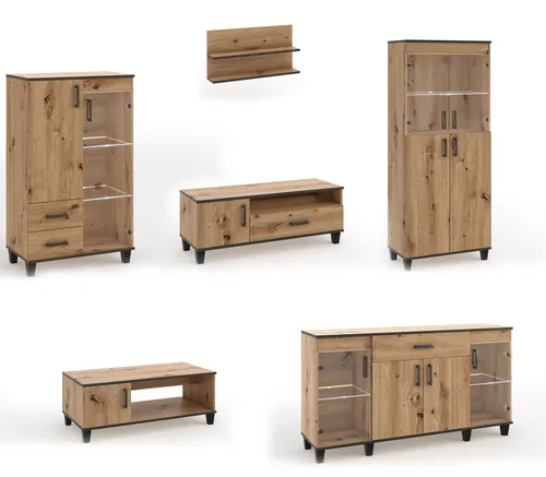 Wohnzimmer-Set Wohnwand 6-teilig Lowboard Vitrine Artisan Eiche - Moderne Wohnzimmer-Lösung mit 6 Teilen in Artisan Eiche. Hochwertige Materialien und durchdachte Aufteilung mit Glaseinsätzen und Schubläden für optimalen Stauraum.