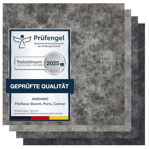 andiamo Teppichfliesen selbstklebend – 25 Stück, 40x40 cm Filz Bodenbelag für Wohnräume, DIY, leicht verlegbar, für Fußbodenheizung – Premium 4 m², Hellgrau Marmor