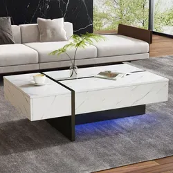 Couchtisch Aus Spanplatte Weiß Hochglanz In Marmoroptik 105 Cm Mit 3 Schubladen Und Led-app-steuerung