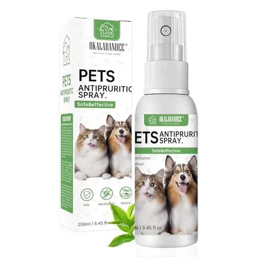 okalabandee 1x 250ml Spray für Haustiere, Anti Juckreiz Spray, unterstützt Gegen Juckreiz, Für juckende Hunde und Katzen geeignet, Fell Tieres pflegt, die Haut beruhigt