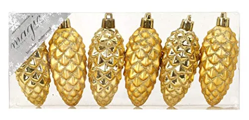 MAGIC 6 Kunststoff Zapfen 9cm Kunststoff bruchfest Christbaumkugeln Dekokugeln Weihnachtskugeln Baumkugeln Baumschmuck Set Gold