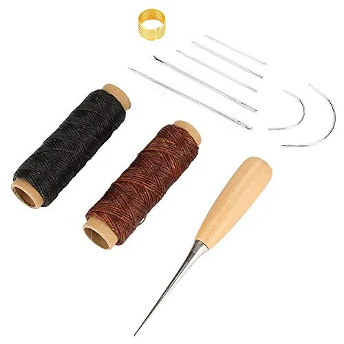 Zunate Nähset klein,Leder Nähwerkzeuge Handnähen Tool Kit,Lederbearbeitungs-Set mit Handnadeln,50m gewachste Fäden,Nähahle und Fingerhut-Ring,für DIY Schuhbeutel Reparatur,11St