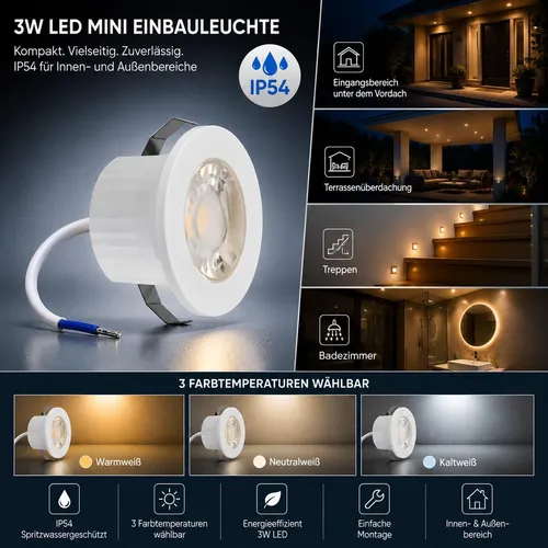3W LED Spot Klein Mini Einbaustrahler Einbauleuchte Einbauspot 3000K Warmweiß 240 Lumen 230V Anschluss Schutzart IP54 Weiß