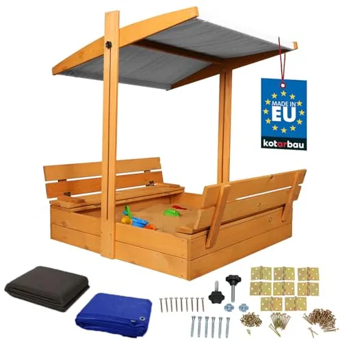 KOTARBAU® Sandkasten mit Abdeckung 100 x 100 cm Großer Braun Holzsandkasten mit Grau Dach Sandkasten mit Deckel Sandkasten mit Dach Gartenspielzeug Kinder imprägniert verschließbar mit Bänken