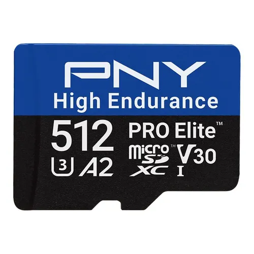 PNY 512GB PRO Elite™ High Endurance microSDXC - Speicherkarte für Überwachung und Dashcams, bietet bis zu 137.600 Stunden Videoaufzeichnung und ist extrem robust gegen äußere Einflüsse.
