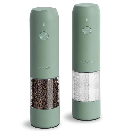 TLYSXPRO Salz und Pfeffermühle Elektrisch 2er Set, USB Wiederaufladbar, Einstellbarer Grobheit Gewürzmühle, Pfeffermühle Elektrische mit LED-Licht, Reinigungsbürste, Küchengeräte, Salbeigrün