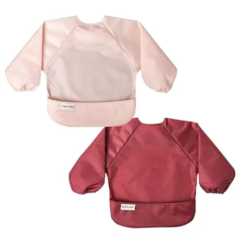 Tiny Twinkle Schmutzfestes Baby-Lätzchen, 2pk – Leichtes Kleinkind-Lätzchen – Lätzchen für Babygeführtes Abstillen, Pflegeleicht & Maschinenwaschbar mit Ärmeln (Rosa Burgunder, Klein 6–24 Monate)