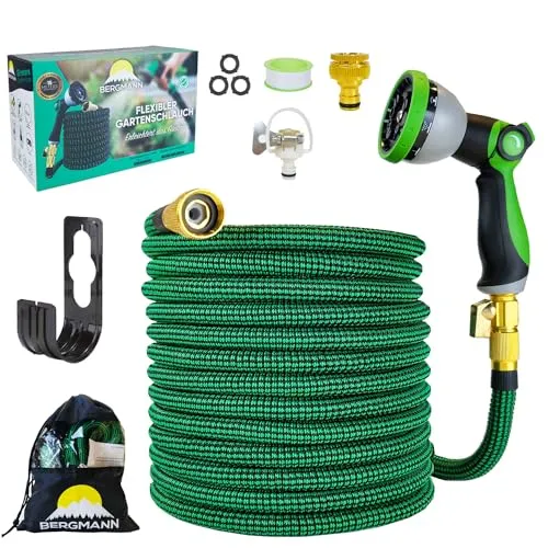 Bergmann® Premium Gartenschlauch Flexible - Flexibler Schlauch mit 10 Funktion Spritze Flexschlauch mit Wandhalterung 3/4 1/2 Zoll Anschluss 3-Fach Latexkern (Grün-15m)