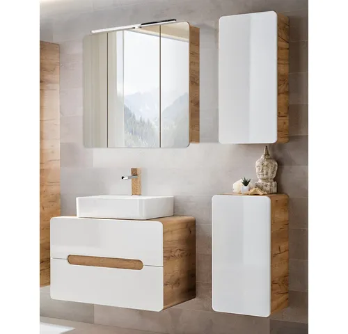 Lomadox Badmöbel-Set LUTON-56 - Badmöbel-Set in modernem Design mit grifflosen Fronten und Soft-Close-Funktion, inklusive hochwertigem Aufsatzwaschbecken und LED-Beleuchtung für stilvolle Badezimmerlösungen.