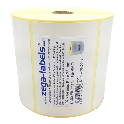 Thermo Etiketten Rolle - 102 x 64 mm - 1.100 Stck Kern25mm Zebra GK420 GC LP TLP