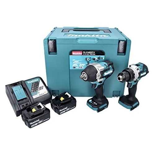 Makita DLX 2453 TJ Akku Kombo Kit - Akkuschrauber Set mit 2 leistungsstarken Werkzeugen, bürstenlosem Motor und 2 Akkus für effizientes Arbeiten in der Zimmerei.