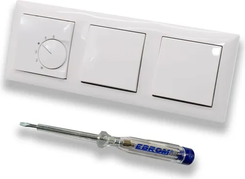 Halmburger UP Raumthermostat Raumtemperaturregler RTR-5510rg in Busch Jäger Balance SI alpinweiß Rahmen 1723-914 + 2 x Lichtschalter 2000/6 US + EBROM Phasenprüfer zur Montage der Geräte RTR-5510 (rg)