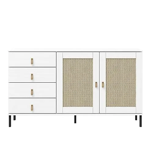 Woodroom Valencia Sideboard weiß – Massivholz-Kommode mit 2 Türen & 4 Schubladen - Hochwertige Kommode aus massivem Kiefernholz, lackiert in edlem Weiß. Bietet viel Stauraum auf kompakter Fläche und passt perfekt in Wohnzimmer, Flur oder Esszimmer. Pflegeleicht und robust – ideal für stilvolle Einrichtung.