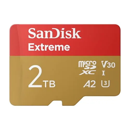 SanDisk Extreme 2TB microSDXC UHS-I Speicherkarte - 2TB + SD Adapter, für 5K und 4K UHD Aufnahmen, beeindruckende Übertragungsgeschwindigkeit bis zu 240 MB/s