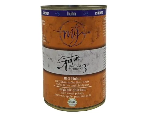 My Nassfutter Bio-Huhn mit Bio Süßkartoffel, Bio Rote Beete, Bio Apfel und Bio Birne 410g Dose mÿ Hundefutter ohne Konservierungsstoffe, künstliche Aromastoffe und Farbstoffe & Lockstoffe