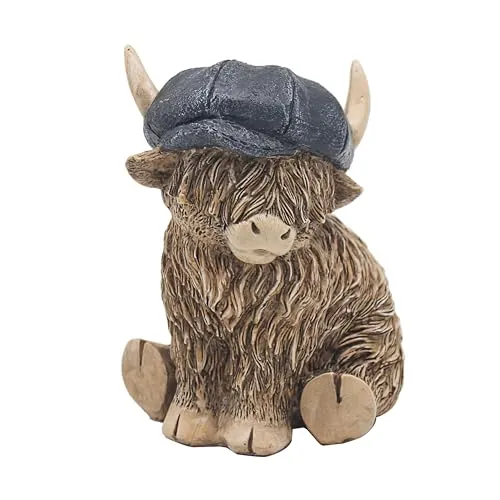 Lesser & Pavey Happy Highland, Highland Cow Flat Cap Figuren, Statuen für Heimdekoration, ideales Ornament, Freundschaftsgeschenk für Damen und Herren, schöne Tischdekoration und
