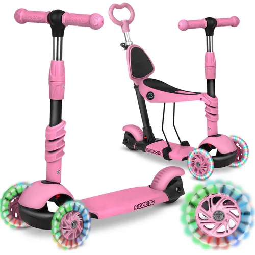 Ricokids Todi dreirädriger Tretroller - rosa - Roller / Kickboards mit verstellbarem Sitz, fördert motorische Fähigkeiten und Selbstbewusstsein Ihrer Kinder – sicher und spaßig mit bunten LED-Rädern!