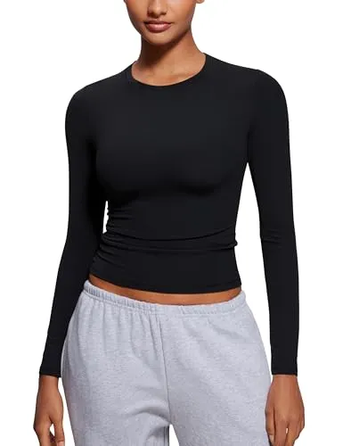 CRZ YOGA Damen Softembrace Langarmshirts Basic T-Shirt Lightweight Y2K Langarm Crop Top Enge Slim Fit Oberteile Casual Rundhals Shirt Schwarz 38
