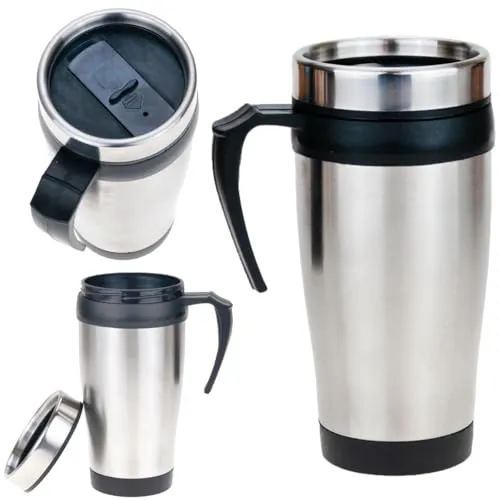 THERMOBECHER MIT GRIFF STAHL THERMOS INOX - Edelstahlbecher mit Schnappdeckel, hält Getränke länger heiß oder kalt dank doppelwandiger Vakuumisolierung - ideal für unterwegs und Zuhause!