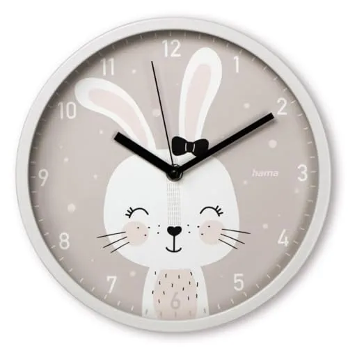 Hama Kinder Wanduhr (ohne Tickgeräusche, analoge Quarzuhr geräuscharm, Ø 25cm, Kindermotiv, für Kinderzimmer, Design Hase, mit Stunden-, Minuten- und Sekundenzeiger, inkl. Batterie)
