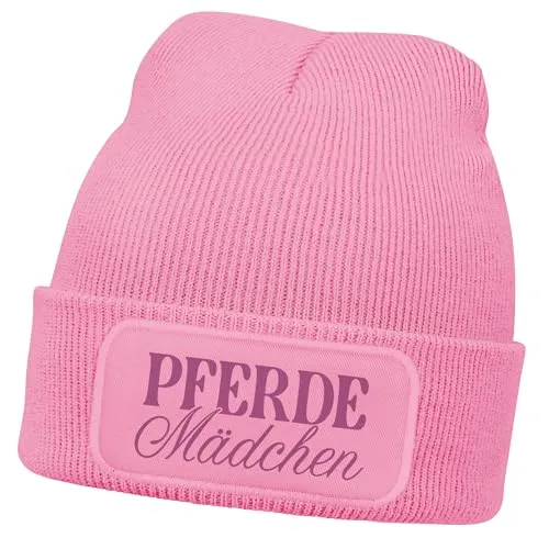 MoonWorks® Wintermütze Kinder Beanie für Mädchen mit Patch Pferdemädchen Aufdruck Reiten Print Strickmütze Rosa Unisize