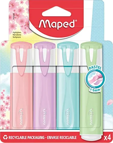 Maped - Textmarker, Leuchtmarker FLUO PEPS PASTELL - x4 Marker - in den trendigen Pastell-Tönen, 1 Stück (4er Pack)