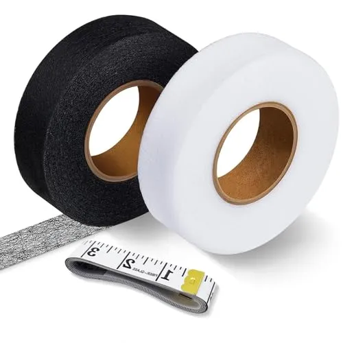 Pack Saumband zum Aufbügeln 64m Länge und 20mm Breite Nahtband zum Aufbügeln Waschfest Stoffklebeband Klebeband zum Aufbügeln mit Maßband zum Reparieren von Kleidung Vorhänge Stoff Schwarz und Weiß 2