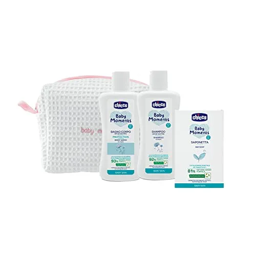 Chicco Baby Moments Hygiene-Set für Neugeborene - Pflegesets für Babys: Enthält tränenfreies Körperbad, Shampoo und Seife mit 93% natürlichen Inhaltsstoffen, ideal für empfindliche Kinderhaut und als exquisite Geschenkidee.