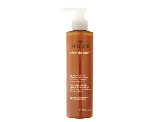 Nuxe Reve De Miel Reinigungsgel und Make-up Entferner - Gesichtsreinigung für trockene und empfindliche Haut, sanfte Reinigung ohne Seife in praktischer 200ml Pumpflasche, entfernt Make-Up und pflegt gleichzeitig.