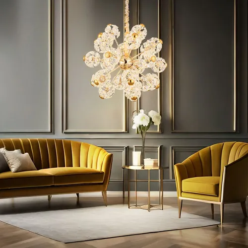 Pendelleuchte Florietta - Hängelampe mit Glaskristallen - Lampen - Elegante Hängeleuchte aus goldfarbenem Metall mit funkelnden Glaskristallen, ideal für Esszimmer oder Wohnbereiche. Schafft eine einladende Atmosphäre mit 6800 Lumen und 3000K Farbtemperatur.