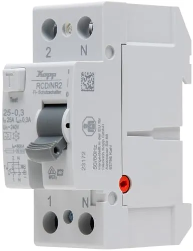 Kopp Fehlerstrom-Schutzschalter 25 A, 300mA, 2-polig - FI-Schutzschalter für 230 VAC, ideal zum Schutz vor elektrischen Fehlerströmen und zur Sicherstellung von Sicherheit in Wohn- und Gewerbegebäuden.