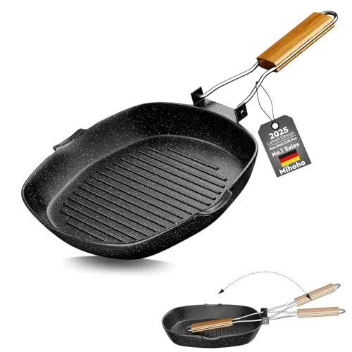 Mihoho Grillpfanne Induktion gerillt, 24 x 24 cm steinbeschichtet Antihaft-Pfanne Feuerpfanne, Pfanne Induktion und backofengeeignet, Steak Eckige (24 cm)