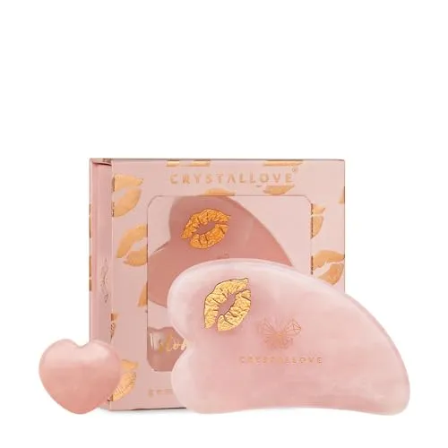 CRYSTALLOVE Rosenquarz Gua Sha Set SELFLOVE – Gua Sha Stein für Gesichtsmassage & Lymphdrainage – Anti Aging Beauty Tool mit Rosenquarz Herz – Geschenkset