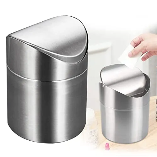 MEIYAXINWIN Tischabfalleimer mini mülleimer, Tisch mülleimer klein Ø 12 x 16cm, Silber Edelstahl Desktop Tischmülleimer mit Deckel für Büro Schlafzimmer Küche
