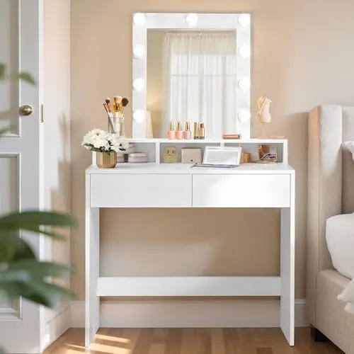 VASAGLE Schminktisch weiß rechteckig - 80 x 40 x 145 cm, mit Spiegel, 2 Schubladen und 9 dimmbaren Glühbirnen für ein elegantes Make-up-Erlebnis