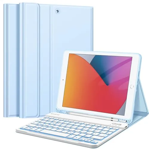 FINTIE Tastatur Hülle für iPad 9 8 7 Generation - Himmelblau - Tastatur & Schutzhülle für iPad 10.2 Zoll mit 7-farbig beleuchteter, abnehmbarer Bluetooth-Tastatur und optimalem Schutz durch strapazierfähiges Kunstleder.