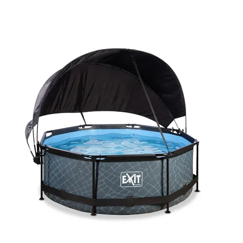 EXIT Stone Pool Ø244x76cm mit Filterpumpe und Sonnensegel - grau - Framepool mit stabilem pulverbeschichtetem Stahlrahmen, inklusive Filterpumpe und einem einzigartigen Sonnensegel für optimalen Sonnenschutz beim Schwimmen.